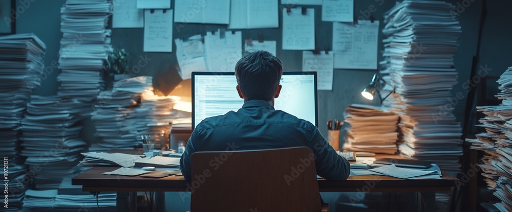 Poster a person working at a desk surrounded by stacks of paperwork.
