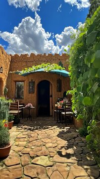 Charming courtyard with rustic stone pathway and vibrant greenery on a sunny day