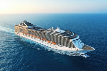 A large cruise ship floats on the vast blue ocean