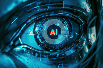 Close-up of a bionic eye with the letters AI written on the iris