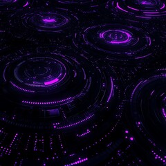 Obraz premium Futuristic Abstract Digital Background with Circular Patterns and Neon Purple Highlights Over Black Surface