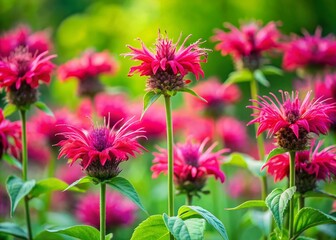 Obraz premium Vibrant Display of Basil Bee Balm Wildflowers in Early Summer with High Depth of Field, Showcasing Nature's Beauty and Colorful Blooms in a Lush Green Landscape