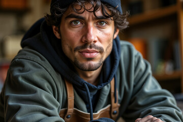 Fototapeta premium Bearded man with a mustache, wearing a black hoodie and brown suspenders, is looking directly at the camera with a serious expression.
