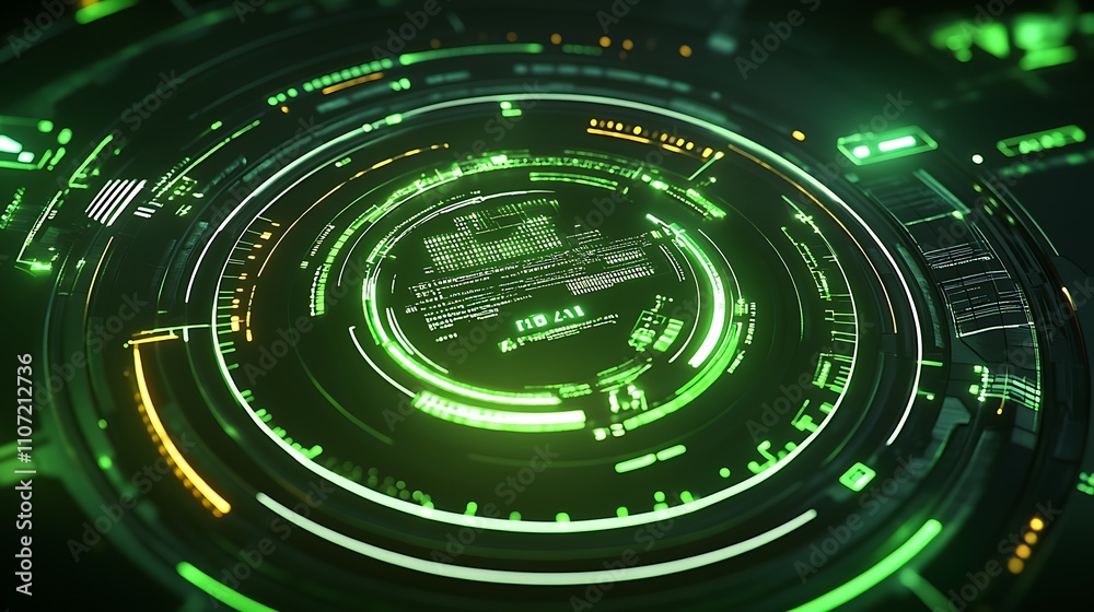 Poster futuristic abstract digital interface with green glow and high-tech elements visualizing data and in