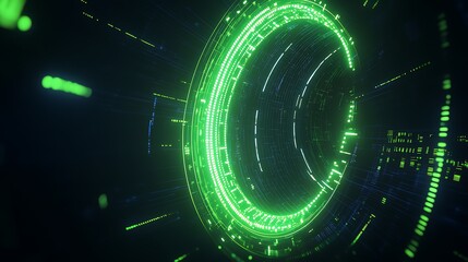 Fototapeta premium Futuristic Abstract Digital Interface with Circular Patterns and Neon Green Lights in a Dark Environment