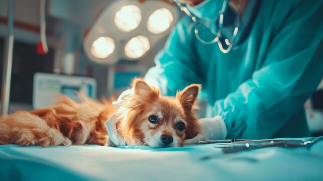 A veterinarian performing surgery on an animal in a veterinary clinic, with surgical tools in the background, Compassionate style