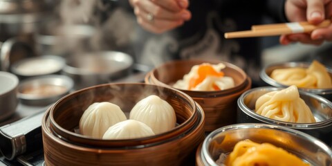 Close-up of a hand of chef picking up freshly steamed dim sum from a stove in a popular Hong Kong Chinese restaurant, stove, delicious
