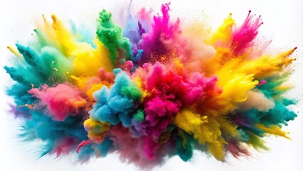 Fototapeta premium Vibrant Explosion of Holi Colors with Pink, Yellow, Green, and Blue Smoke on a Clean White Background for Dynamic Celebrations and Artistic Expressions