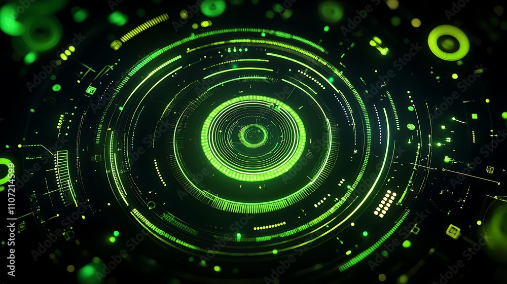 Poster futuristic abstract technology background with green circles and lines in digital pattern for sci-fi