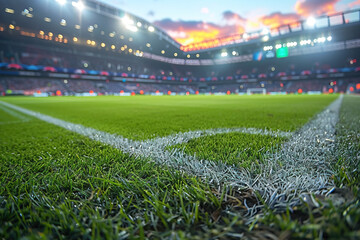 European football match under a vibrant sunset with a focus on the lush green pitch