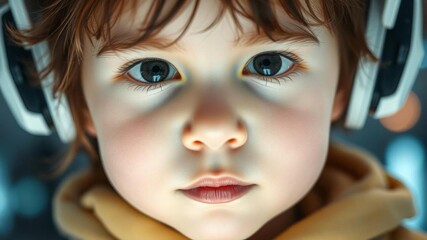 Close up portrait of a young child with digital overlays representing technology, future, and childhood, childhood, child