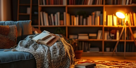 Reading nook with a cozy armchair, blanket, open book, and warm lamp light, surrounded by a library of bookshelves, perfect for relaxation and quiet evenings, selective focus

