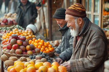 European market stall with tropical fruits fresh colorful produce. A cheerful emigrant trader.