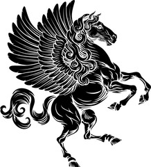 Pegasus winged flying horse mythological animal from Greek myth. For a crest in rampant pose. Heraldic coat of arms heraldry design element in a vintage illustration style.