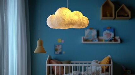 A whimsical ceiling lamp mockup shaped like a cloud in a children's room, providing a soft glow above playful decor and toys