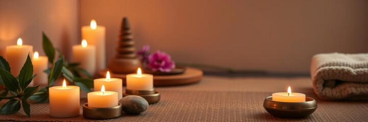 Cozy spa and wellness setting with soft candlelight creating a relaxing ambiance, self-care, calming