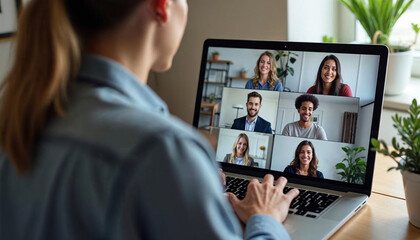 Back view of businesswoman speak using Webcam conference on laptop with diverse colleagues, female employee talk on video call with multiracial coworkers engaged in online briefing from home