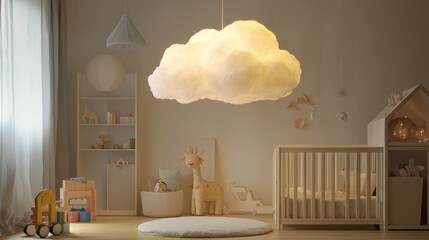 A whimsical ceiling lamp mockup shaped like a cloud in a children's room, providing a soft glow above playful decor and toys