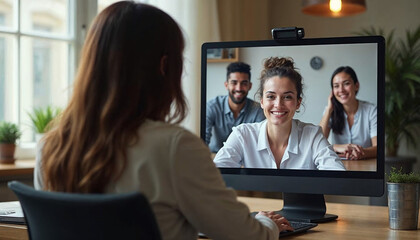 Back view of businesswoman speak using Webcam conference on laptop with diverse colleagues, female employee talk on video call with multiracial coworkers engaged in online briefing from home