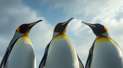 Fototapeta premium Three regal emperor penguins stand together, showcasing their striking black and white plumage against a cloudy sky.