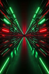 Fototapeta premium Futuristic Abstract Tunnel with Red and Green Neon Lights Reflecting on a Mirror-Like Surface