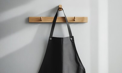 Black Apron Hanging On Wooden Hook Wall Mount