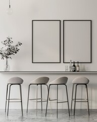 Minimalist bar counter with four stools and two framed posters. a vase with dried branches. and bottles on the shelf
