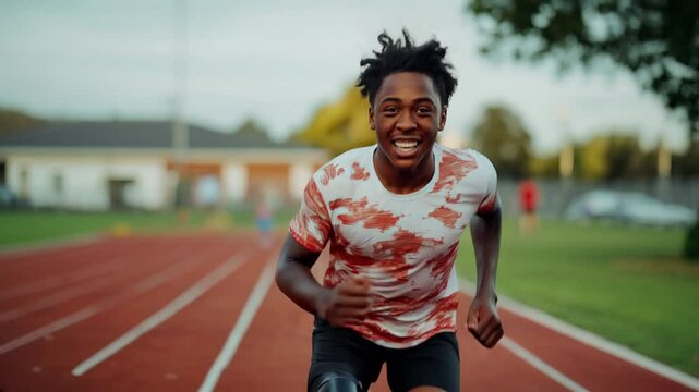 Young athlete with prosthetic leg sprinting on a track field. Representation of determination, inclusivity, and adaptive sports achievements