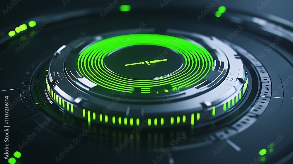 Poster futuristic circular display interface with neon green elements and high-tech design for digital appl
