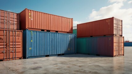 Three color Intermodal container stack on white background. Industry shipping container storage cargo in warehouse shipyard dock. Import and export concept. Studio shot. 3D illustration rendering