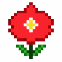 Obraz premium Pixel Art Red Flower with Green Leaves on White Background Retro 8 bit Style