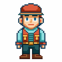 Obraz premium Pixel Art Character in Red Hat and Vest Retro Video Game Style