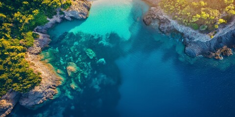 Fototapeta premium Stunning aerial view of a turquoise lagoon surrounded by lush green cliffs and rugged rocks, showcasing a serene yet layered cluttercore natural scene, selective focus