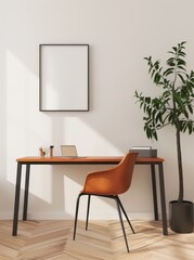 Minimalist home office with a wooden desk. a brown leather chair. a potted plant. and a blank frame on the wall