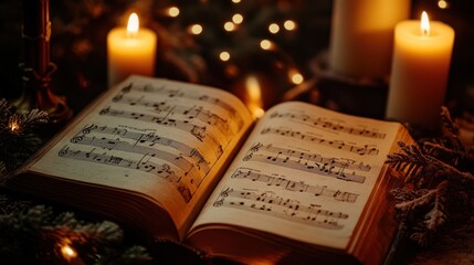 Open sheet music book with candles and lights.