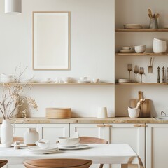 Minimalist kitchen interior with wooden shelves. white cabinets. and a table set with white plates