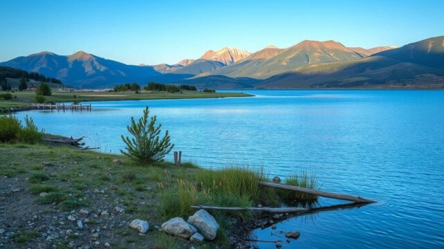 Scenic view of Borovoe resort with Burabay Lake and Kokshetau mountain in the background, Kokshetau mountain, Burabay Lake