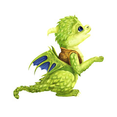 Little green dragon with wings. Funny fairy tale magical creature. Watercolor digital illustration. Legendary kind little animal, isolated on white background. Dragon in a vest in cartoon style