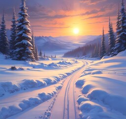 Illustration of winter landscape with road in wild.