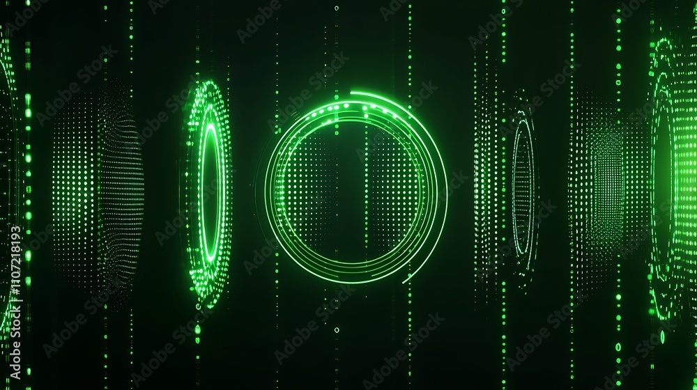 Poster futuristic digital background with green circular patterns and matrix-like vertical lines for techno