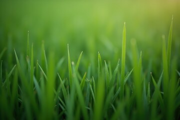 Lush green grass blades in focus with soft sunlight in a fresh natural landscape.