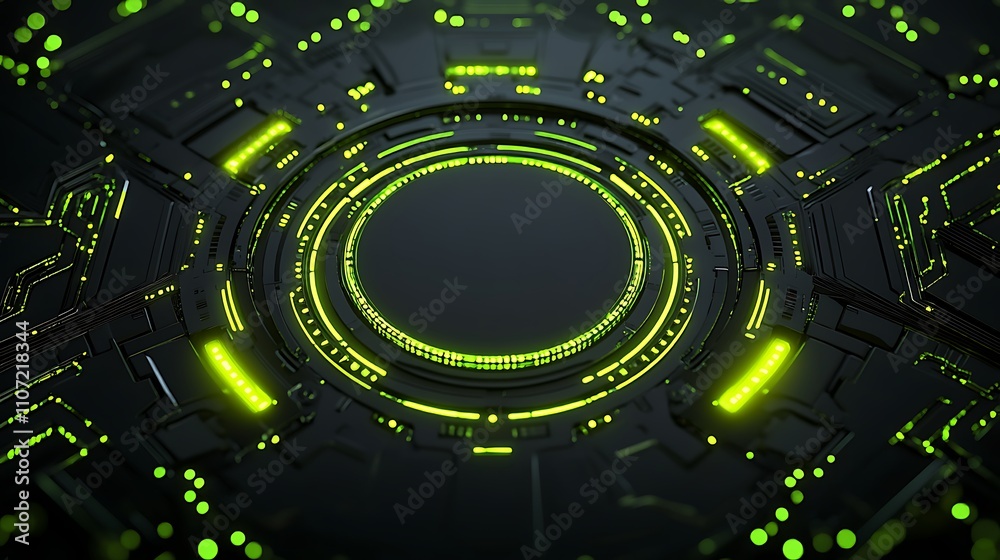 Poster futuristic digital circuit board design with green lights and abstract patterns for technology backg