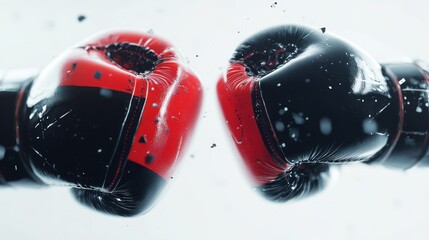 Red and black boxing gloves colliding mid-air, sparks and debris flying.