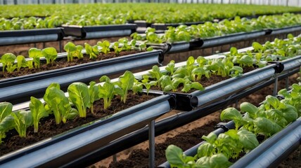 Vegetables Hydroponics farming in farmland background. Organic food and Healthy concept. New technology and Modern agriculture. Smart farming theme. Nature and Environment theme.