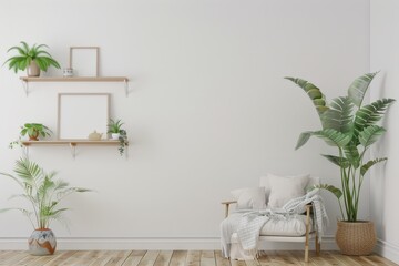 Minimalist living room with a white armchair. plants and wooden shelves on a white wall