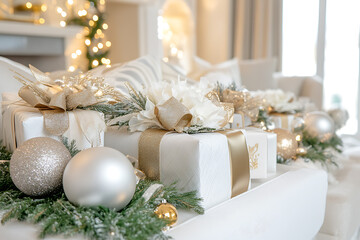 Luxury Christmas gifts wrapped in elegant gold and white paper, adorned with detailed bows and festive greenery, enhanced by sparkling accents and soft lighting, creating a sophisticated holiday atmos