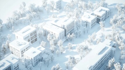 Bird's-eye view of a white urban block, modern architecture, snow-covered trees and buildings, white background, 3D render