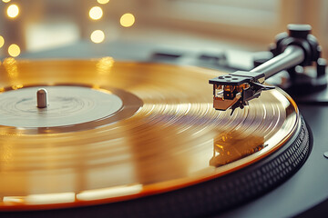 Close-up of a turntable playing a vinyl record with a needle spinning on the disc