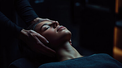 A serene young woman of South Asian descent enjoys a soothing facial massage in a tranquil setting.