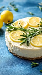 Lemon cheesecake with rosemary and lemon slices on blue background